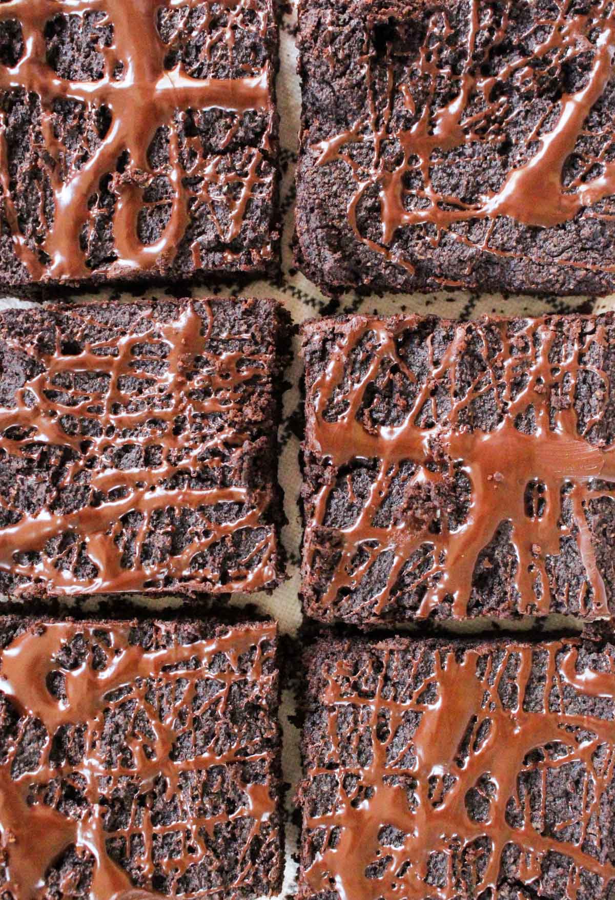 Overhead shot of fudgy vegan brownies with chocolate swirl on top.