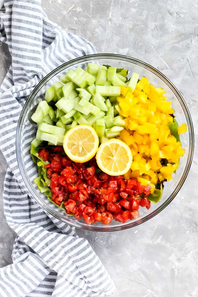 Overhead shot of vegetables in mixing bowl.