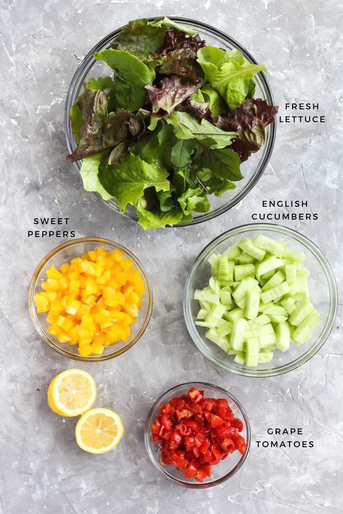 Overhead shot of vegetables measured out.