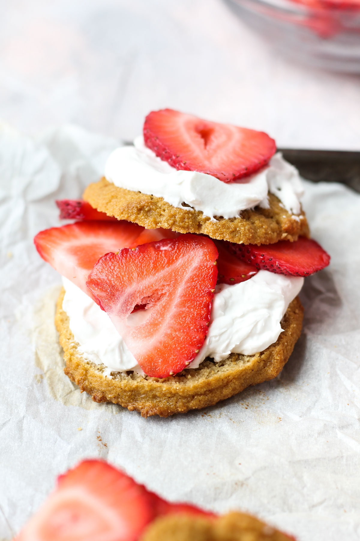 Strawberry shortcake with coconut whipped cream and fresh strawberries.