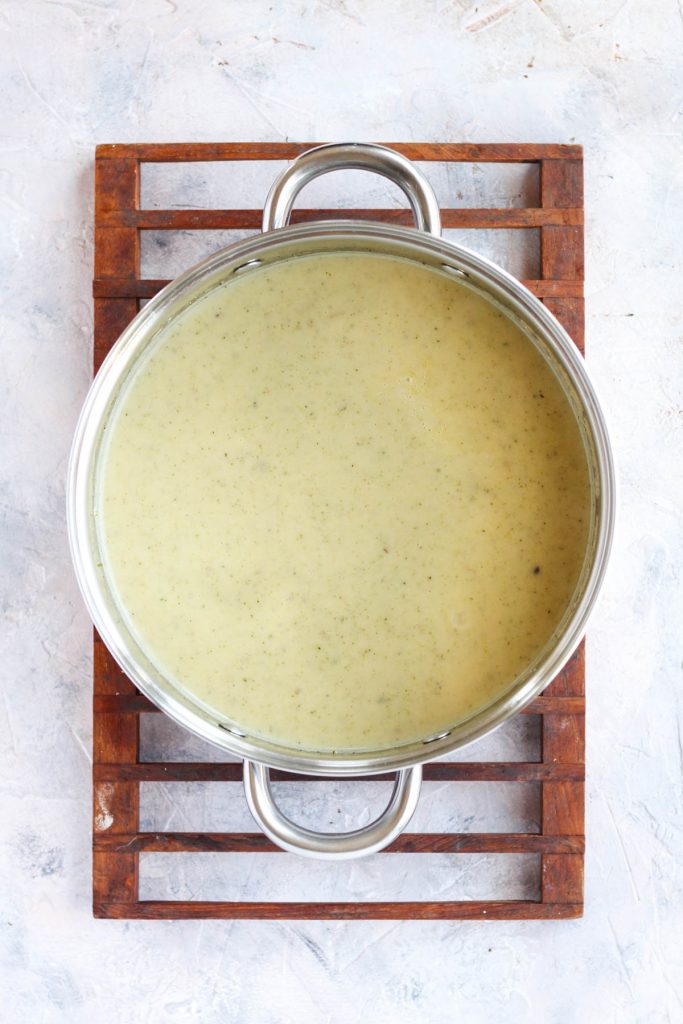 Pureed soup in large pot.