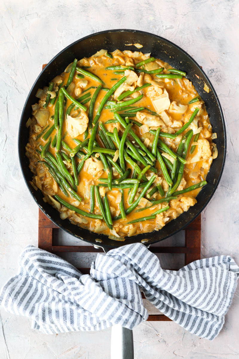 Cooking vegetables in frying pan.