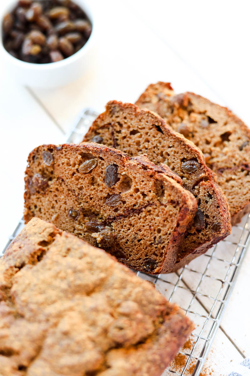 Slices of cinnamon raisin bread leaning on each other.