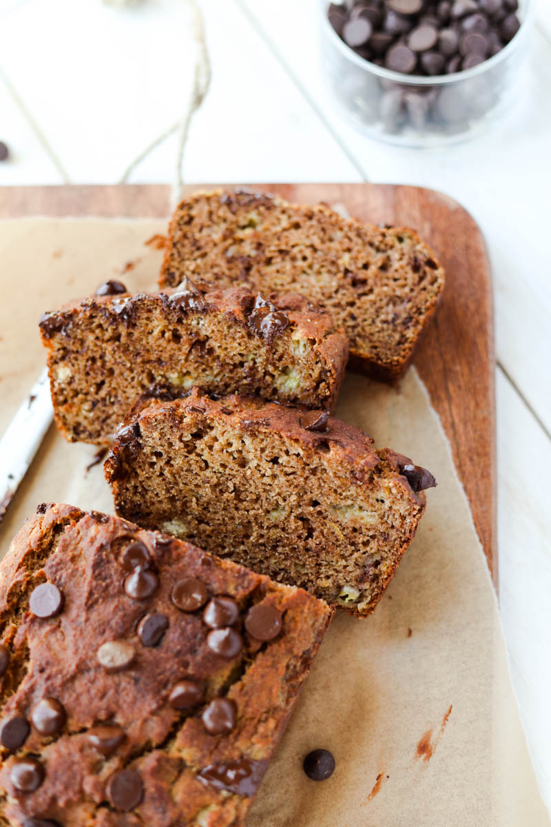 Banana bread slices on top of parchment paper.