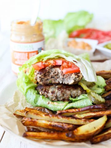 Juicy burgers wrapped in romaine lettuce.
