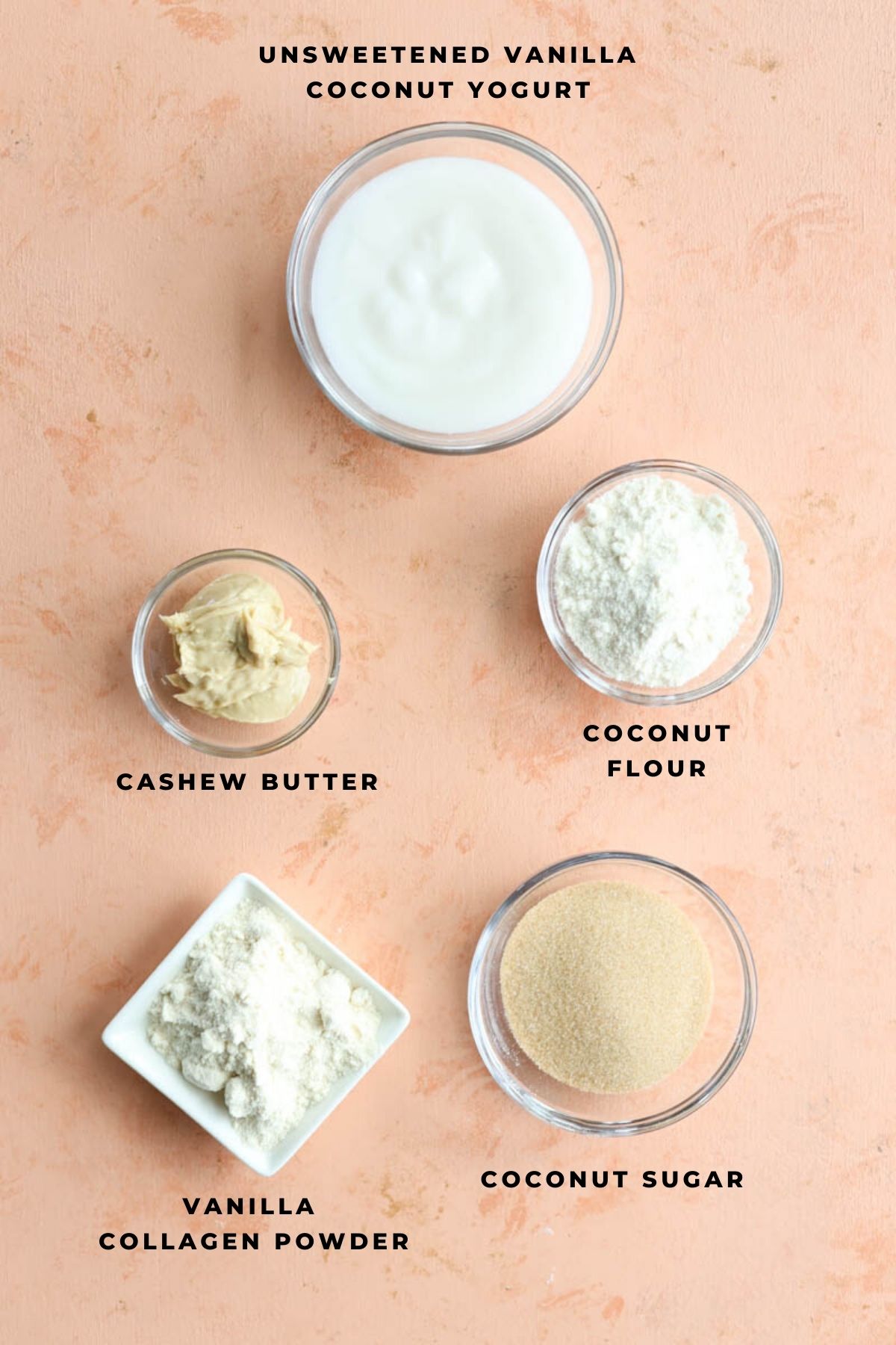 Ingredients for cookie dough measured out into small bowls.