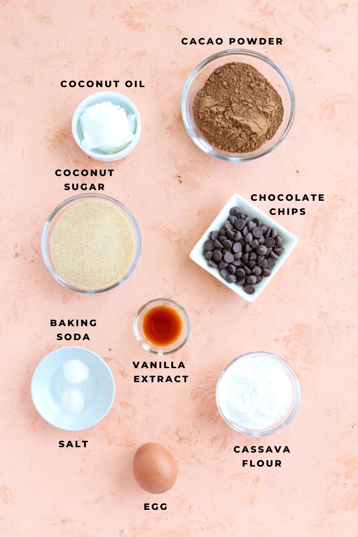 Chocolate cookie ingredients measured out into small bowls.