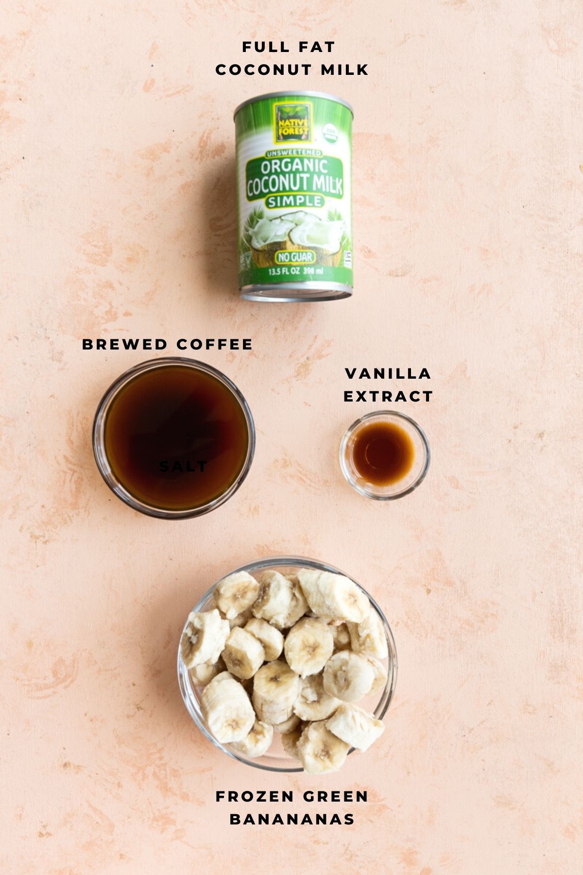 Coffee milkshake ingredients measured out in small bowls.
