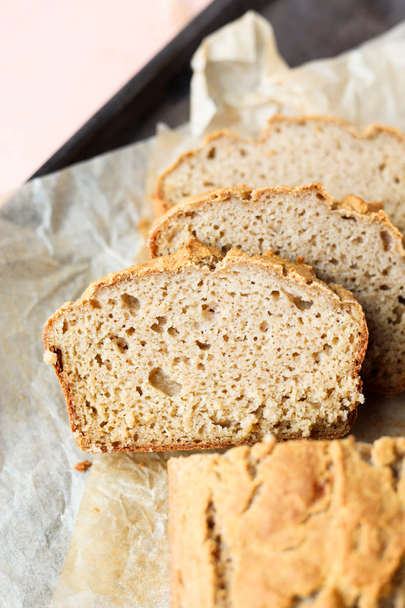 Close up picture of cassava flour bread slice.