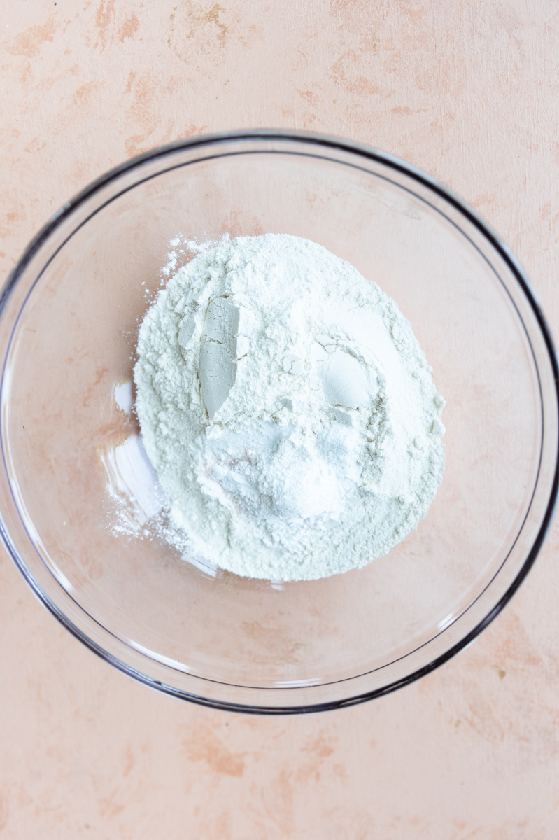 Dry ingredients in a mixing bowl.