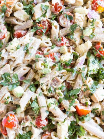 Overhead picture of chicken bacon pasta salad.