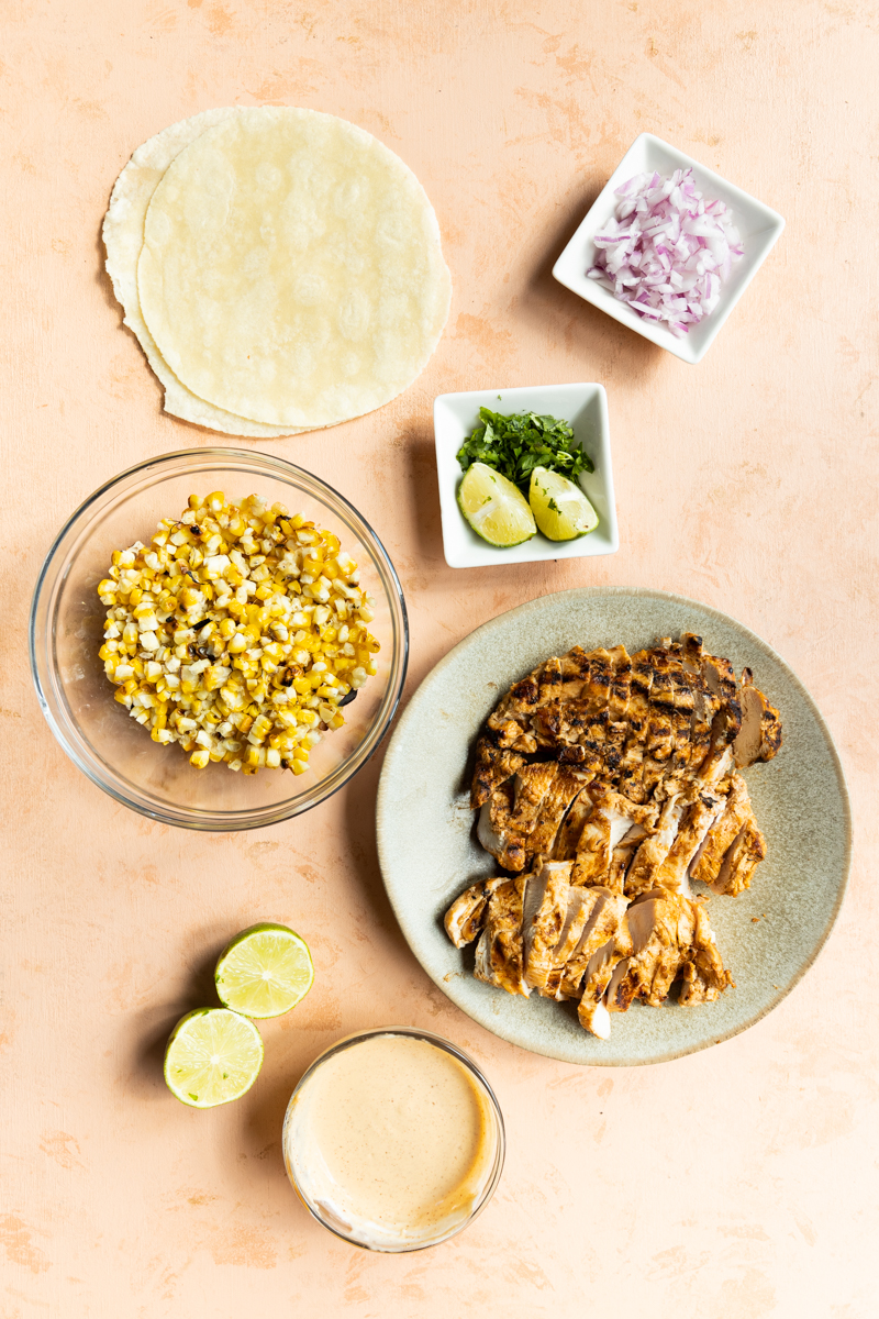 Taco ingredients lined up and measured out.