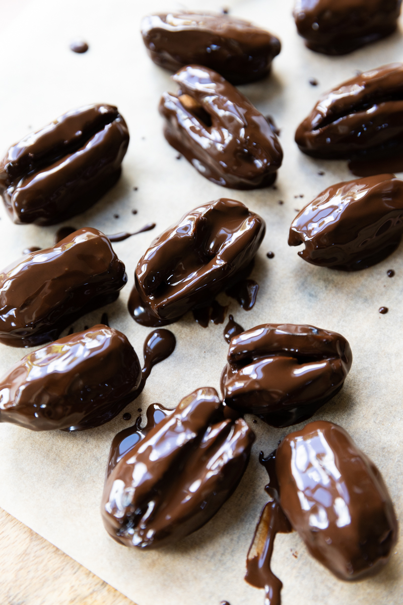 Medjool dates stuffed with almonds dipped in melted chocolate.