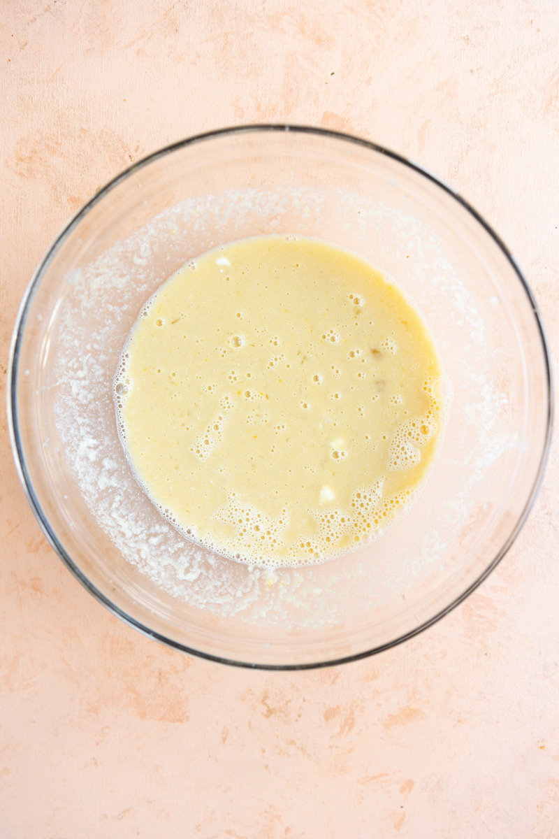 Wet ingredients in a glass bowl.