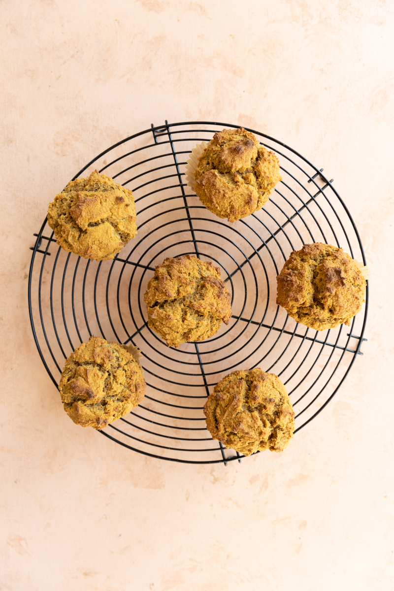 Muffins cooling on metal rack.