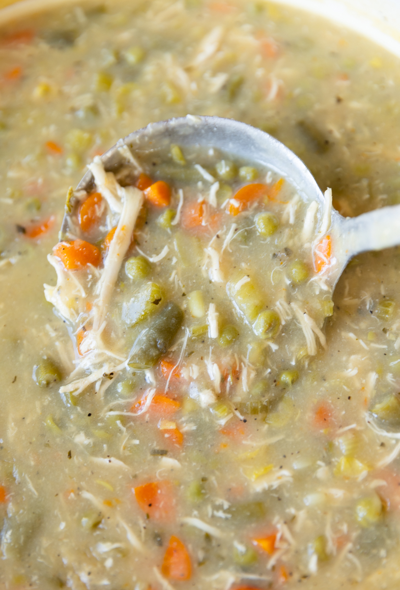 Ladle scooping out chicken pot pie soup.