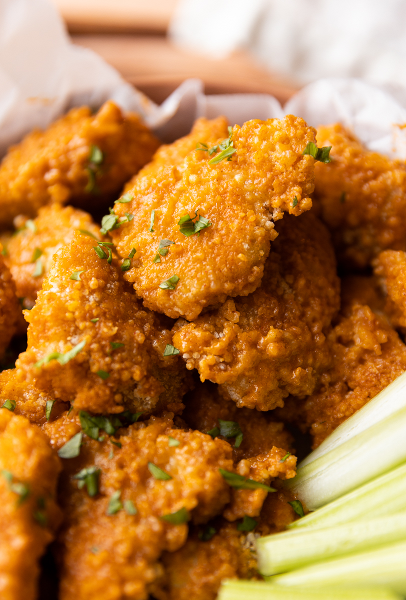 Close up picture of buffalo chicken nuggets.