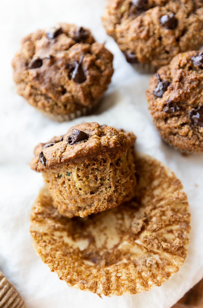 Fluffy almond flour zucchini muffins with chocolate chips on top.