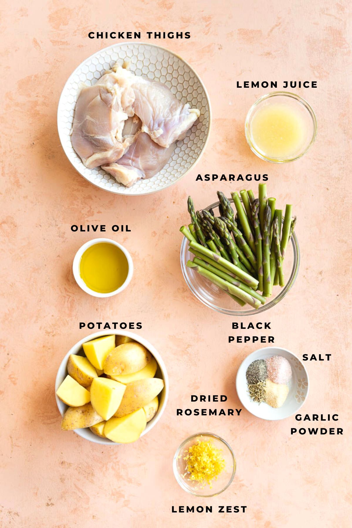 Ingredients measured out for lemon chicken tray bake.