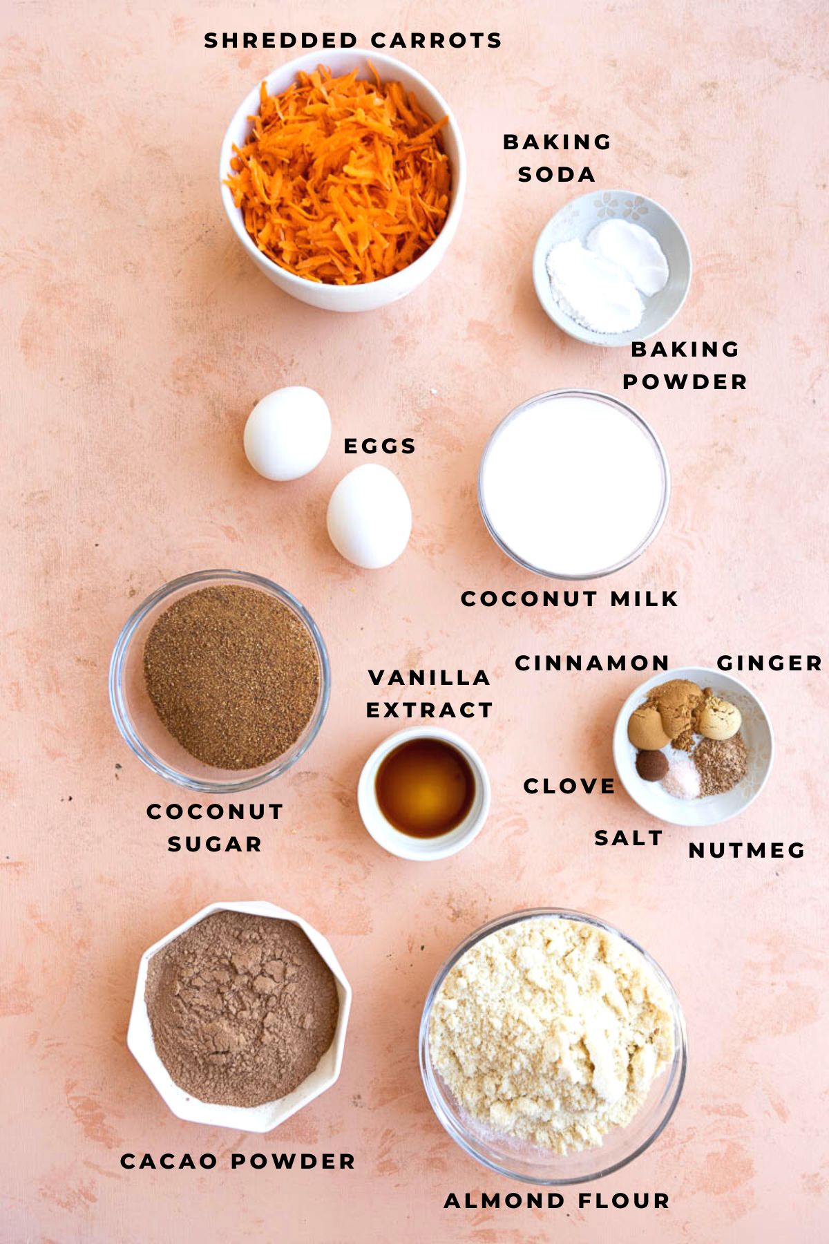 Ingredients measured out for chocolate carrot cake.