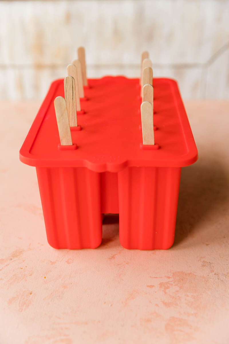 Silicone ice cream bar molds with popsicle sticks inside.