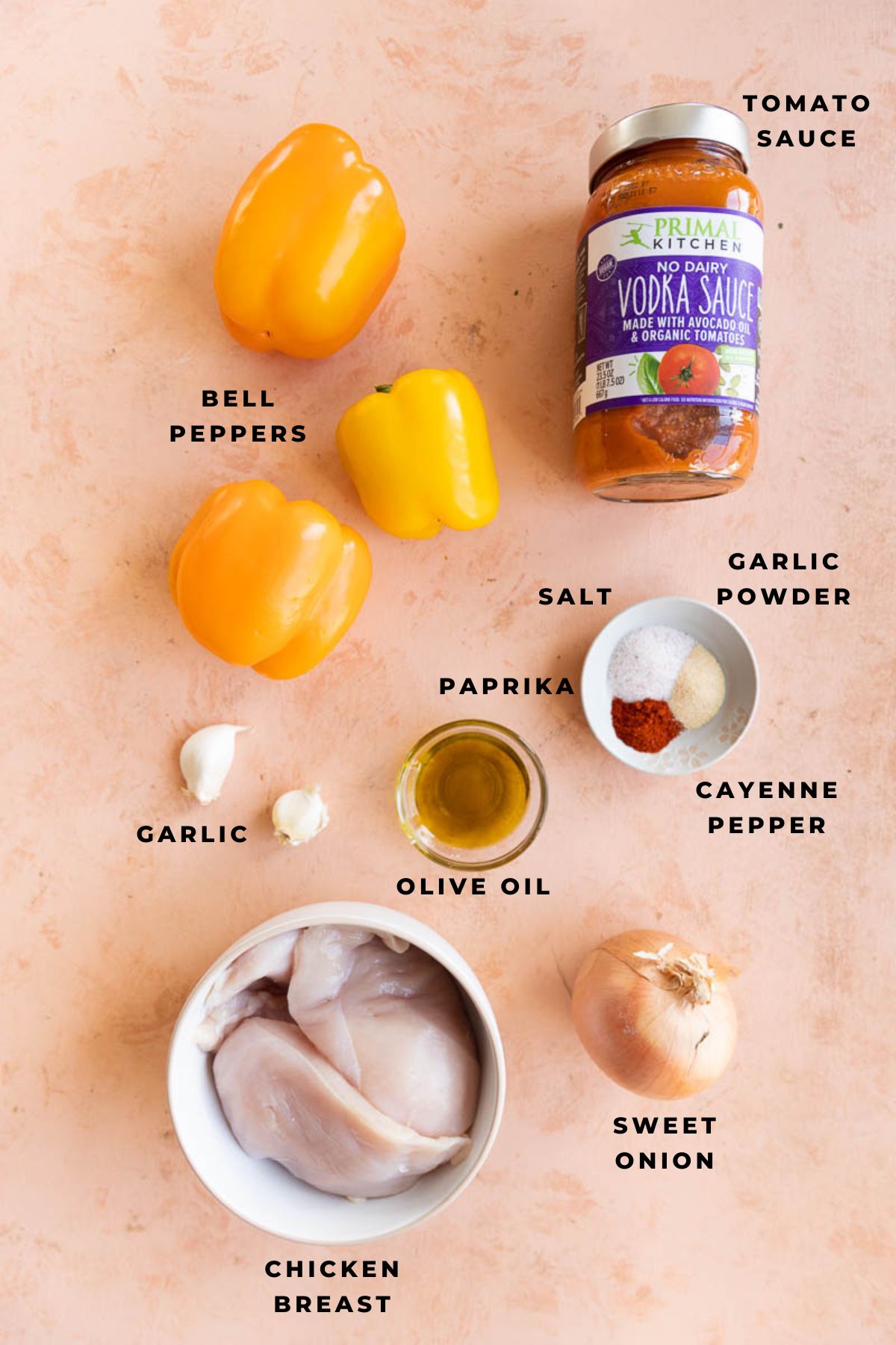 Ingredients measured out for spicy chicken pasta.