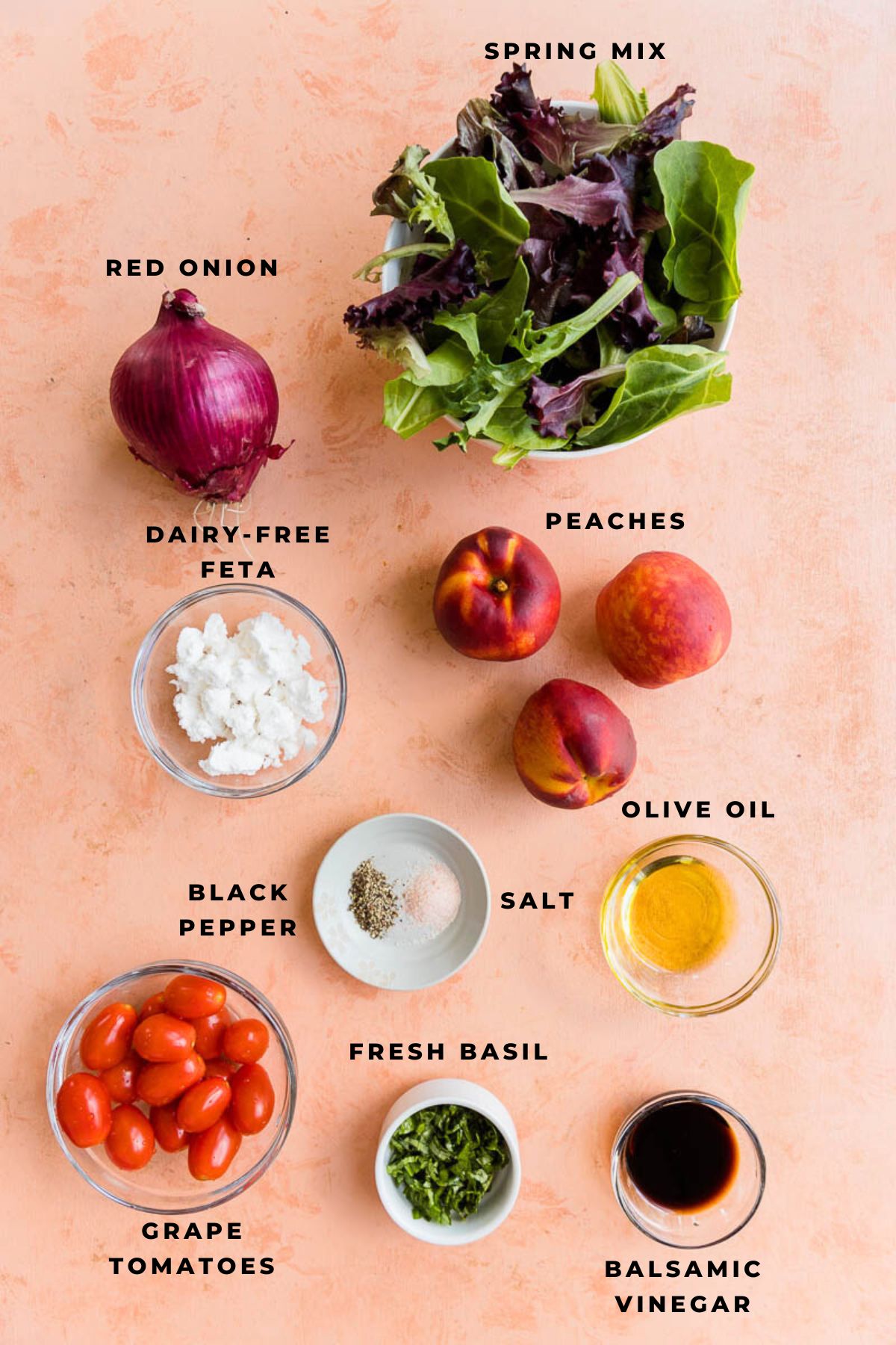 Ingredients measured out for grilled peach summer salad.