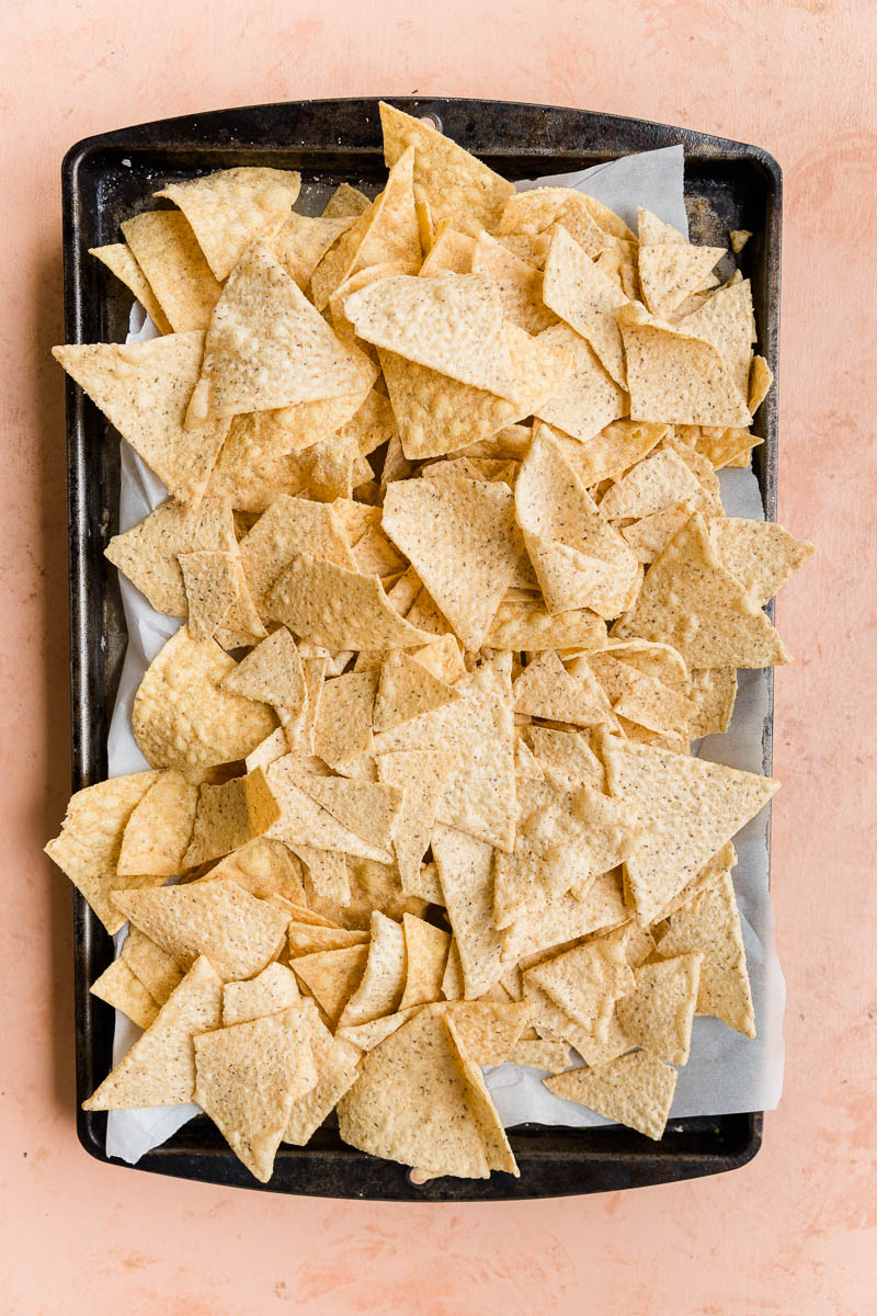 Chips on a baking sheet.