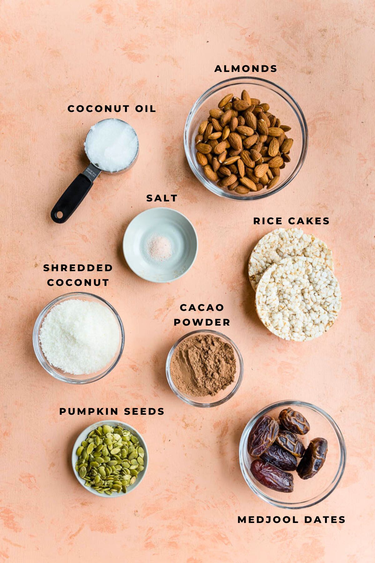 Ingredients measured out for no bake chocolate energy bars.