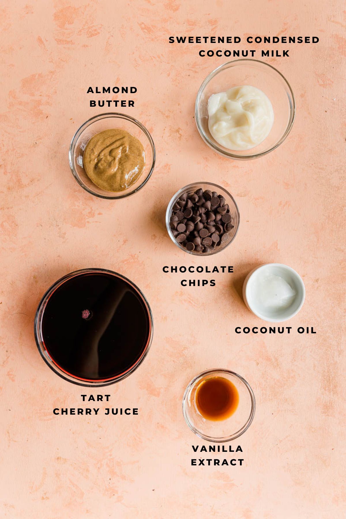Ingredients measured out for cherry ice cream bars.