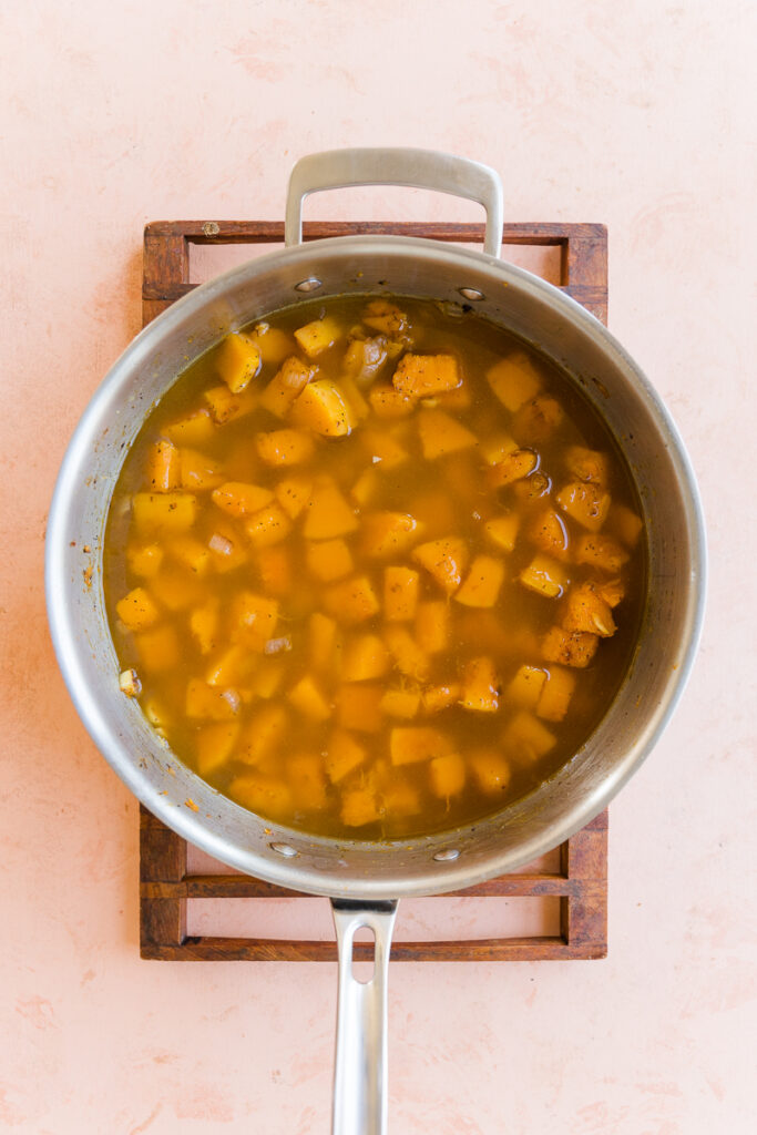 Butternut squash mixture and chicken broth in a large pot.