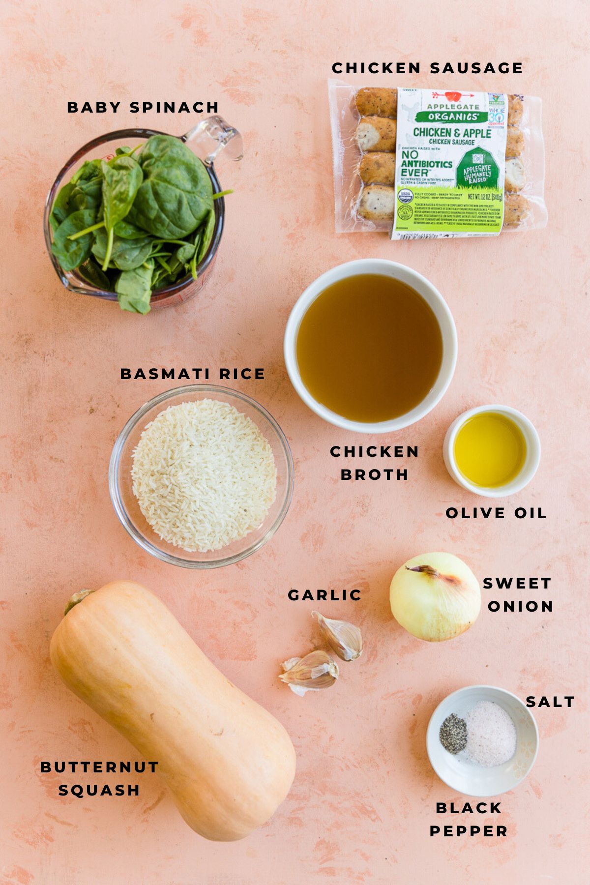 Ingredients measured out for creamy butternut squash rice with chicken sausage.