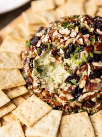 Close up picture of vegan cheese ball with lots of toppings.