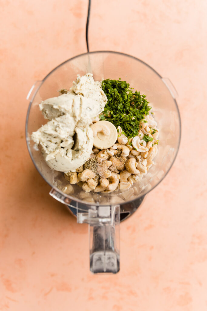 All cheese ball ingredients in food processor.