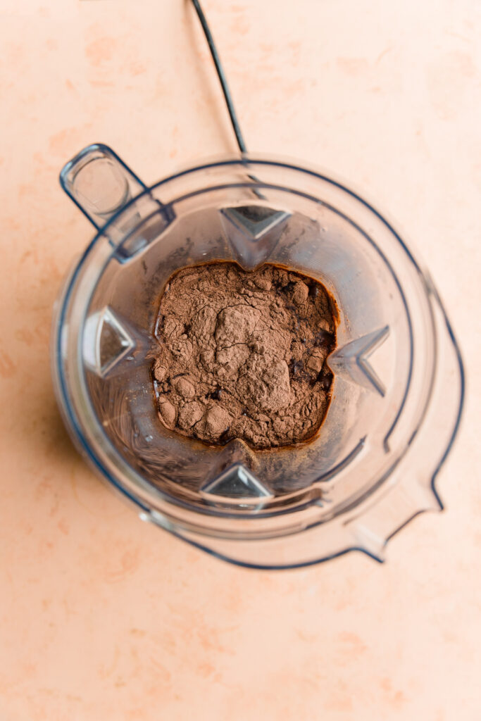 Protein hot chocolate ingredients in blender.