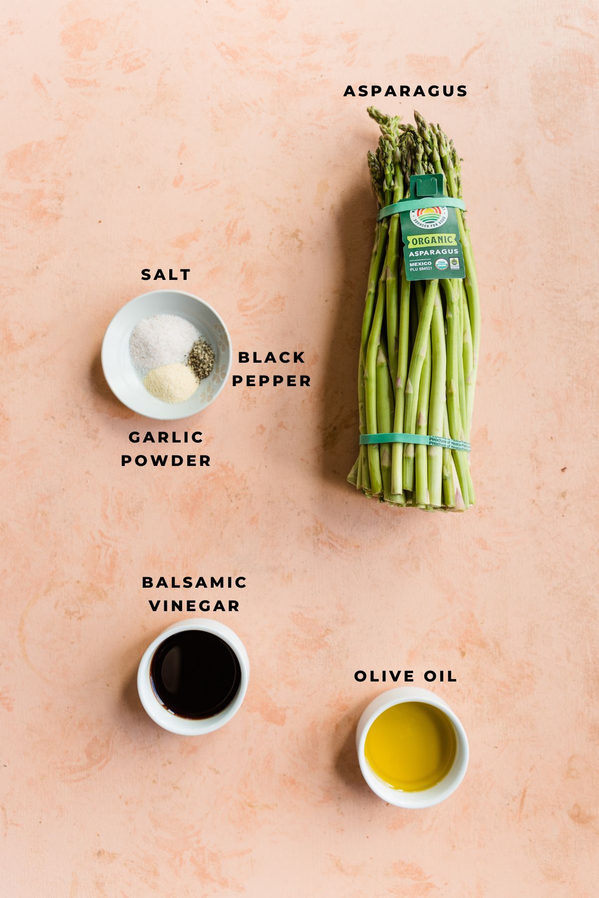 Ingredients measured out for roasted balsamic asparagus recipe.