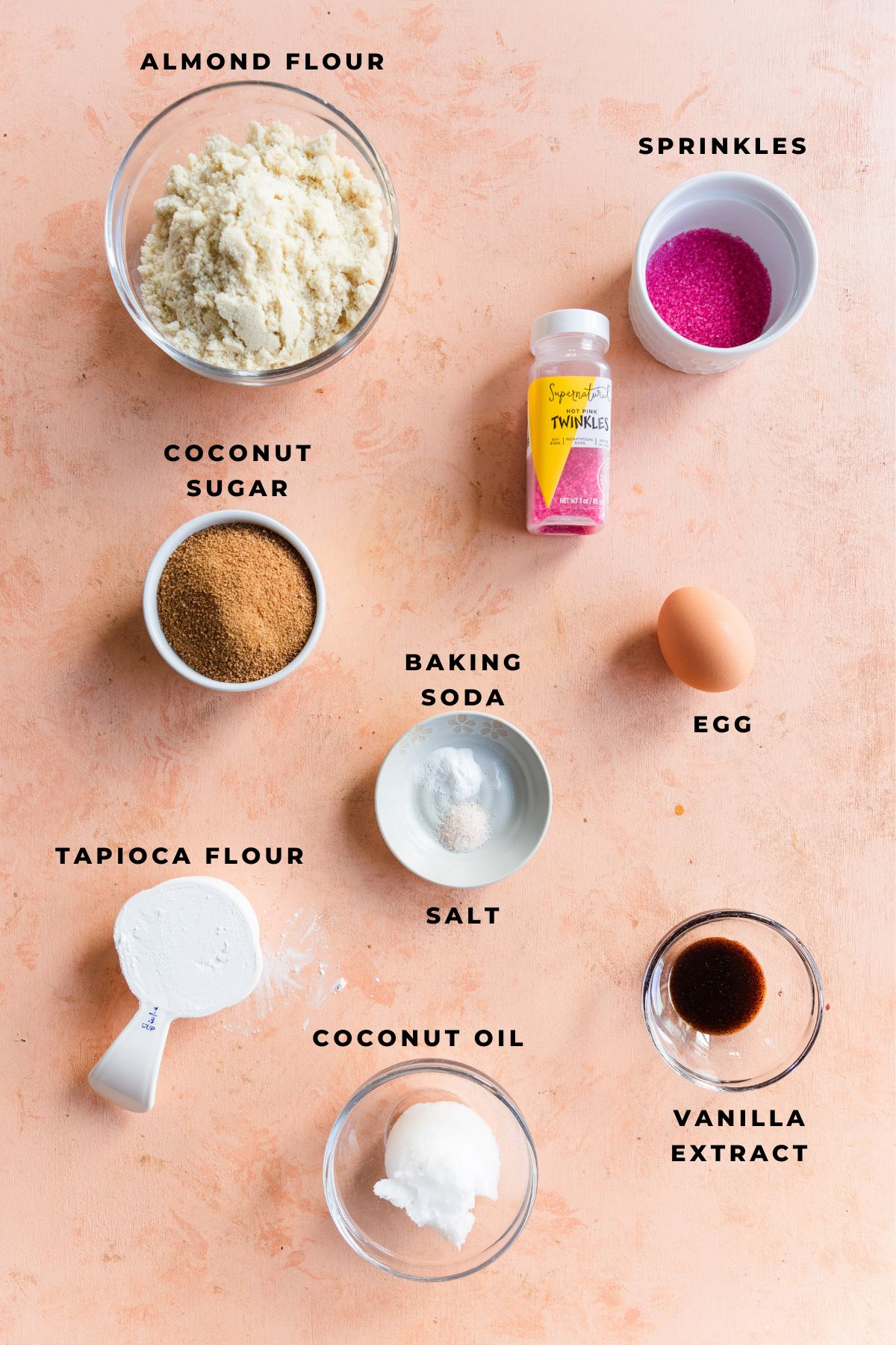 Ingredients measured out for gluten free funfetti sugar cookies.