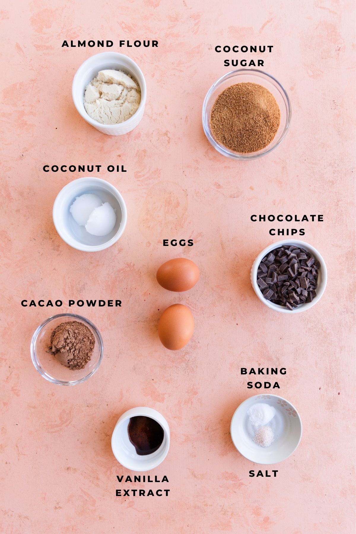 Ingredients measured out for gluten free and dairy free brownie skillet.