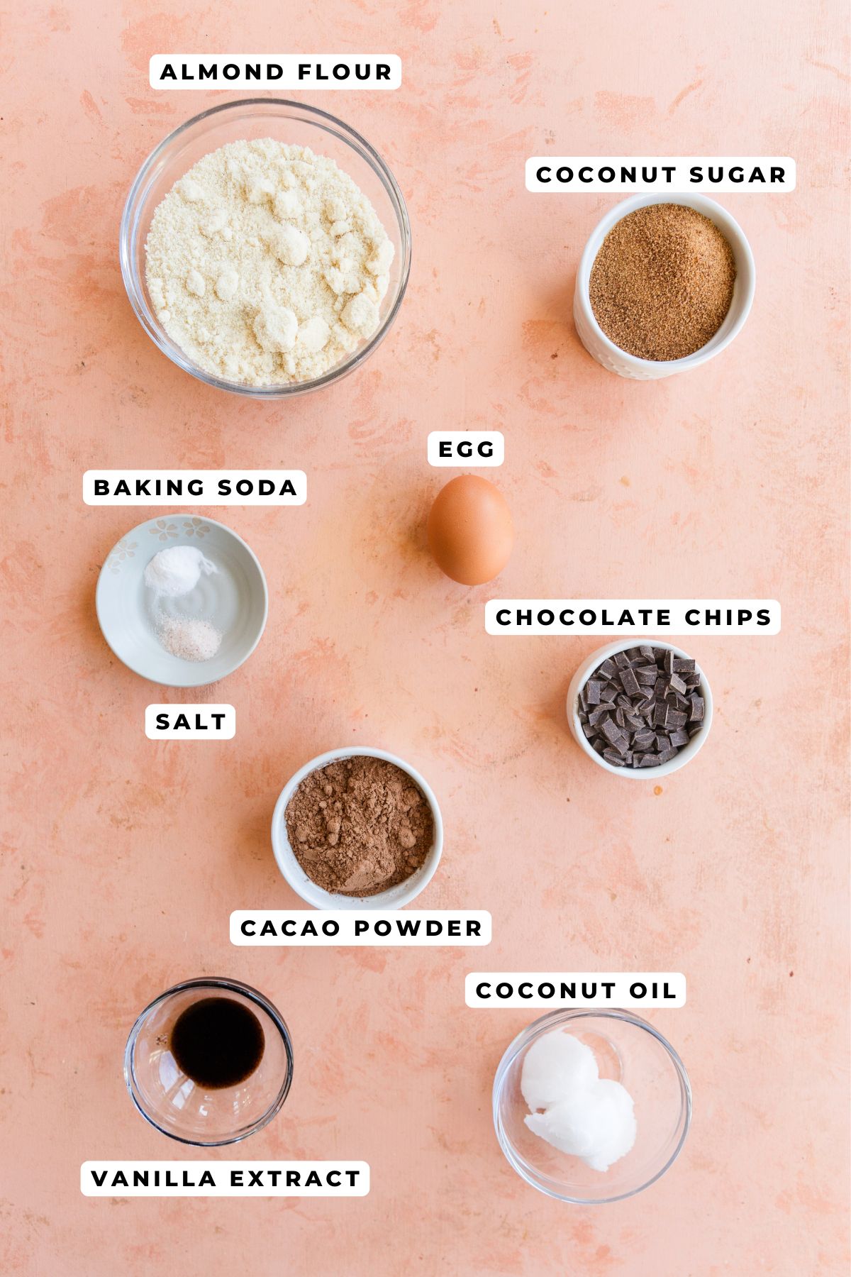 Ingredients measured out for gluten free double chocolate chip cookies.
