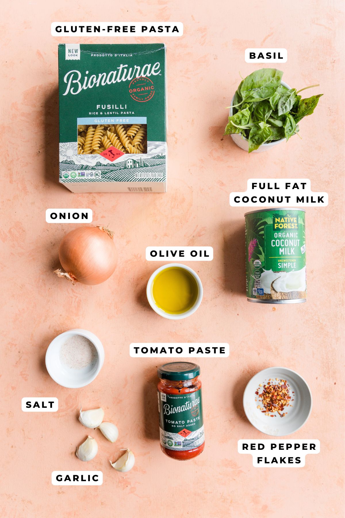 Ingredients measured out for gluten-free & dairy-free pink sauce pasta.